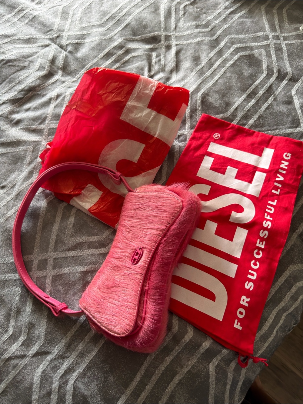 Diesel Pink Faux Fur Shoulder Bag